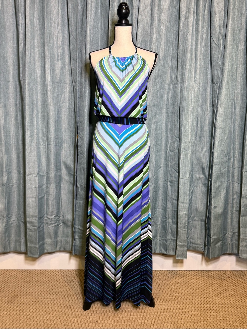 London Times Chevron Halter Maxi Dress in Blue, Green & White